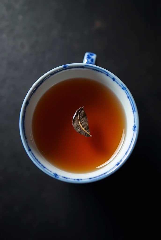 The camera looks down from directly above, capturing a Chinese blue and white porcelain teacup filled with a coffee-colored infusion of one bud and two leaves of Chinese high mountain tea.,((Right beneath the surface, You can see a single bud and two leaves of Chinese high mountain dried tea, which has been dried and is now a rich brown color, floating in the water.)),simple,Movie Lighting,专业photography,Studio Lighting,Black desktop background,photography,Intricate details,Ultra Detail,Hyper-photorealism,8K Ultra HD ((Top-down view,Top view, bird's eye view))