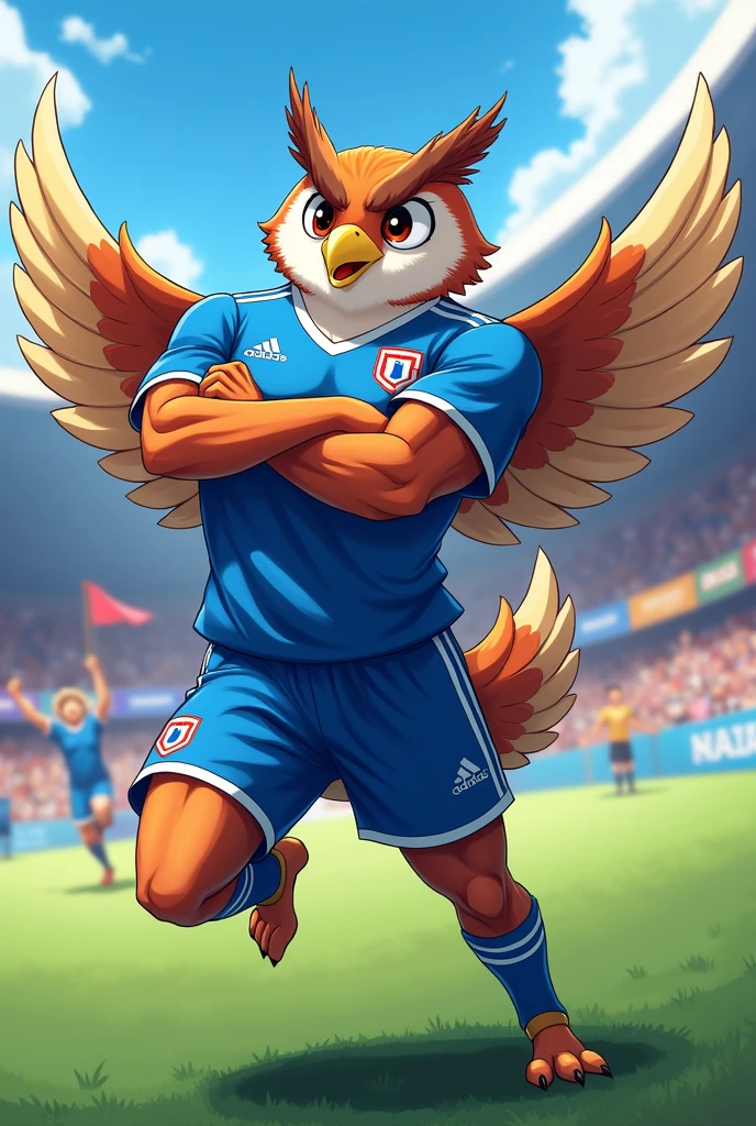 Owl, body, Love, muscular, blue soccer jersey, a red U with a white border on the upper left side, white Adidas logo on the upper right side, blue shorts and small Adidas logo on the bottom, anime style, Crossed arms, celebrating a goal.