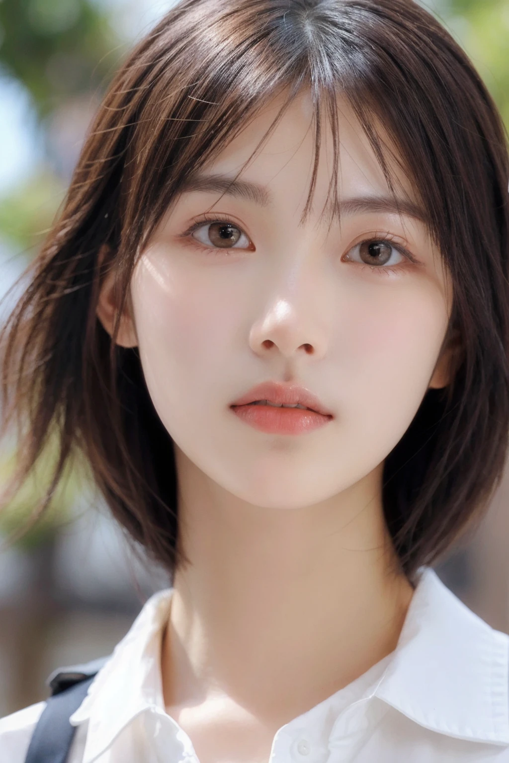 (8k, RAW Photo, Best Quality, Masterpiece:1.2), table top, Ultra Detail, Super Resolution, (Realistic, Realistic Photo:1.37), Portrait, High Detail RAW Color Photo, Professional Photo, Extremely Detailed and Beautiful, Extremely detailed, 8k wallpaper, amazing and detailed, huge file size, official art, highly detailed CG unity 8k wallpaper, highly detailed beautiful girl, highly detailed face, highly detailed eyes, highly detailed skin, highly detailed fingers, highly detailed nose, very detailed detailed mouth , perfect anatomy, highly detailed background, highly detailed clothes, 1girl, ,cute girl, realistic body, fair skin, glowing skin , slim body, handsome body, black hair , Semilong hair, (blunt bangs:1.2), smile, cute, youthful, cute face, realistic face, delicate eyes, drooping eyes, looking at viewer, facing front, standing posture, Contraposto, dynamic lighting, ((face closeup)), (medium chest), (Perfect Body Proportions), (slender Body Proportions),
