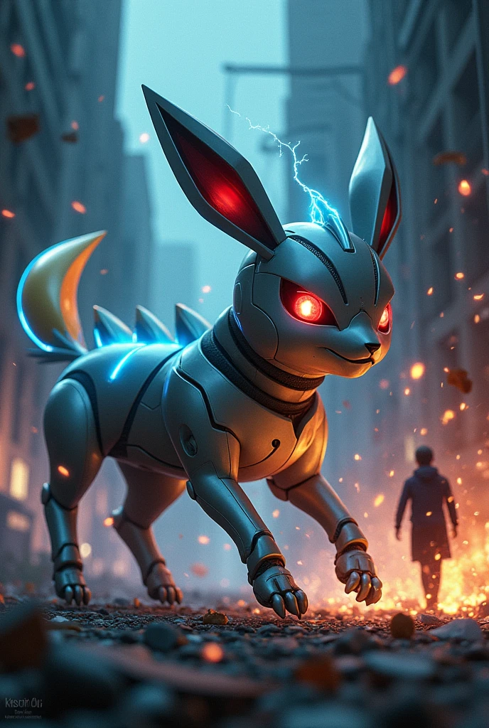 A robotic evil Jolteon murdering a human