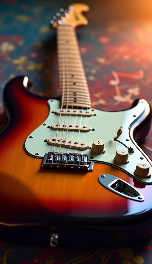 , 3 single coils and white buttons., Create a phone wallpaper of an electric guitar, a Fender Stratocaster, with、Sunburst, maple fingerboard and white shield、(masterpiece:1.3) (最high quality:1.2) (high quality:1.1)