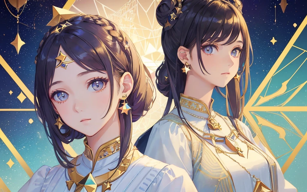 1 girl, (masterpiece, highest quality, highest quality, beautiful and aesthetic: 1.2), (1 girl: 1.3), lots jewelry, delicate clothing, square picture frame, ((face)), sharp pupils, cool face, Traditional Arab dress, color hairstyle, Ultra-detailed, Soft Light, Gentle colors, solo, Bun Hair, dynamic, (((geometric star patterns in the background))), face