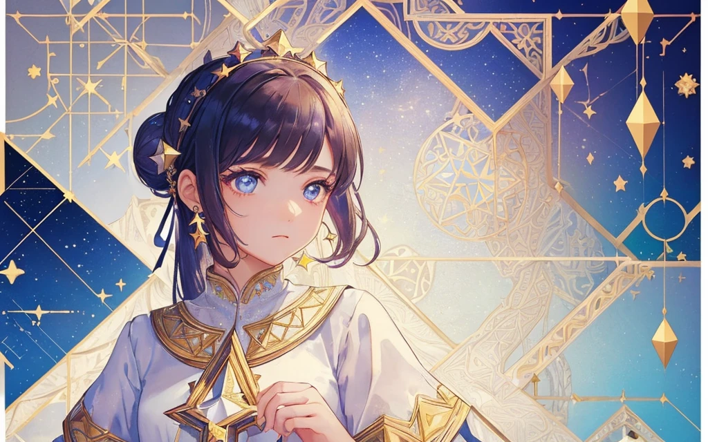 1 girl, (masterpiece, highest quality, highest quality, beautiful and aesthetic: 1.2), (1 girl: 1.3), lots jewelry, delicate clothing, square picture frame, ((face)), sharp pupils, cool face, Traditional Arab dress, color hairstyle, Ultra-detailed, Soft Light, Gentle colors, solo, Bun Hair, dynamic, (((geometric star patterns in the background))), face