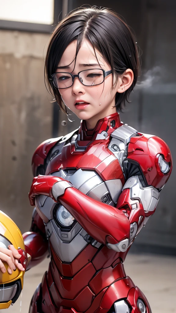 Highest quality　8k Iron Man Suit Girl　Kindergarten girl　Sweaty face　cute　short hair　boyish　Steam coming out of my head　My hair is wet with sweat　The feel of black hair　Full body portrait　My upper body is soaked　Glasses　Changing clothes　Take off　Sweat flying　Blurry expression　Sweaty hair