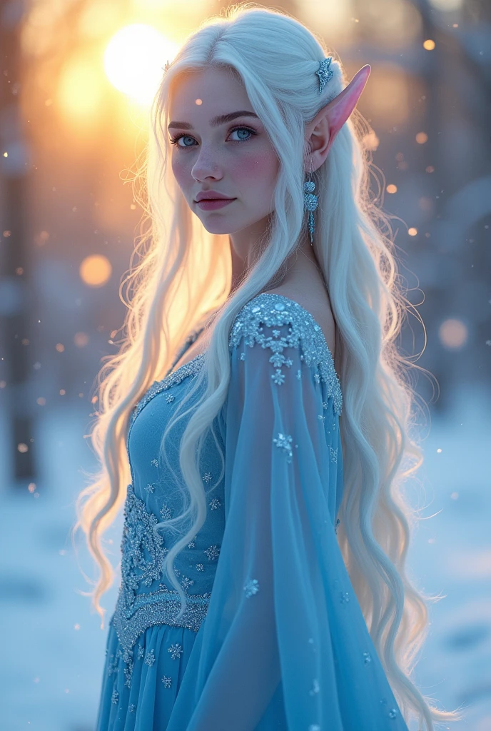 Blue skin, white hair that glows, winter sunrise background, elf ears, light blue skin tone that sparkles, dress made of ice, golden purple eye color