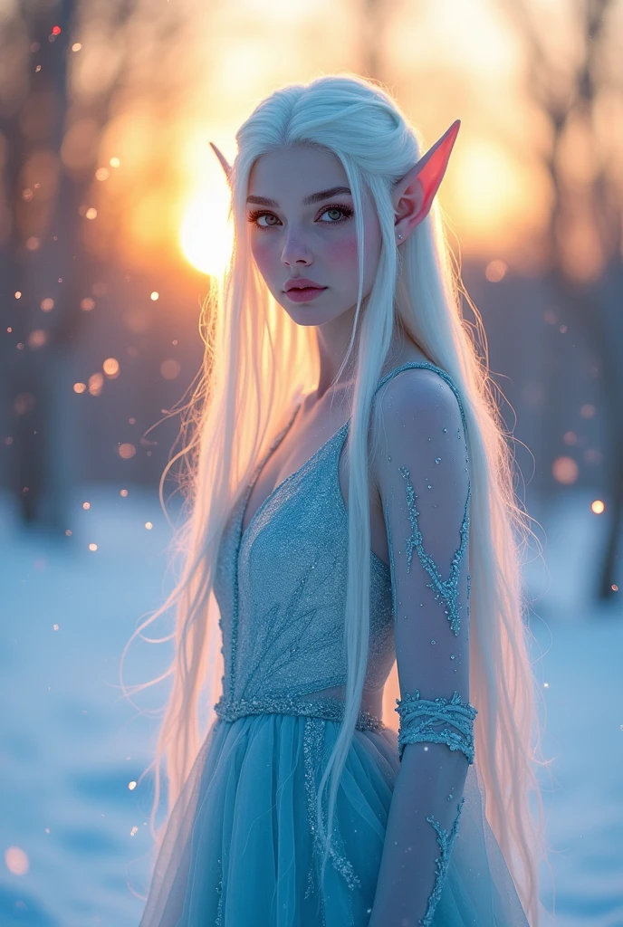 Blue skin, white hair that glows, winter sunrise background, elf ears, light blue skin tone that sparkles, dress made of ice, golden purple eye color