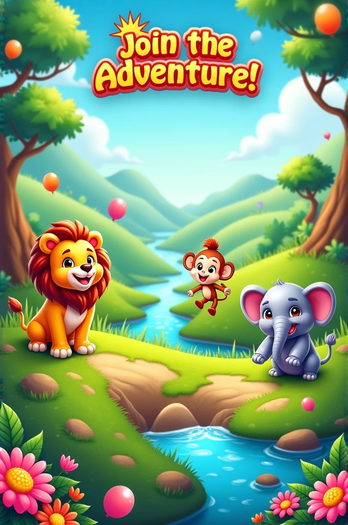 A poster introducing a game for children, fun, colorful, exciting, with animals, activities