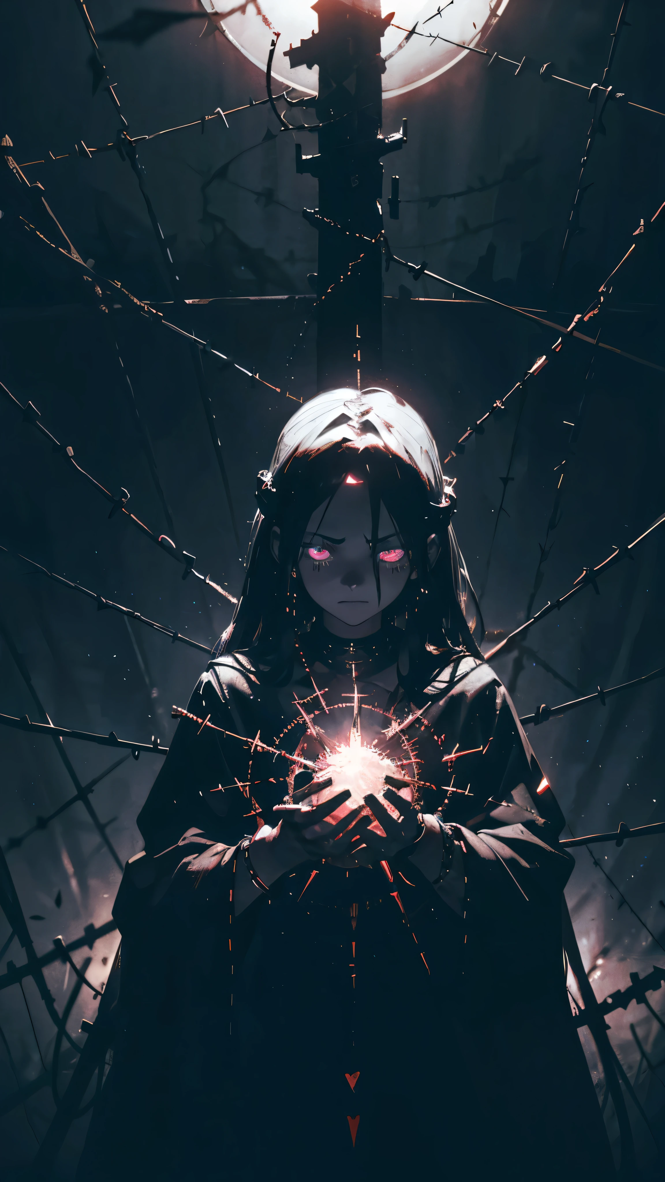 Barbed wire entanglement, long hair, Glowing eyes, black and white, Crown of Thorns, grace, Surrealism, chiaroscuro, cinematic lighting, UHD, high details, award winning, best quality, high quality, highres, 8k