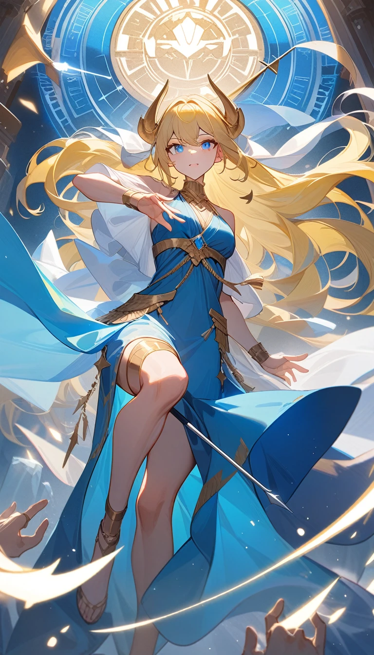 (Huang Li、high quality、Extremely detailed),Constellation-Sagittarius Goddess,Huge bow,The woman draws the bow and shoots an arrow.,Similar to Latin goodness,brave,capricious,Productivity,The face of enterprising and humanitarianism,Long yellow hair,Ancient Greek costumes、Wrap Dress,Dress conservatively,The background is the stars,Crystal blue eyes(Eyes Details),Powerful appearance, Correct anatomy