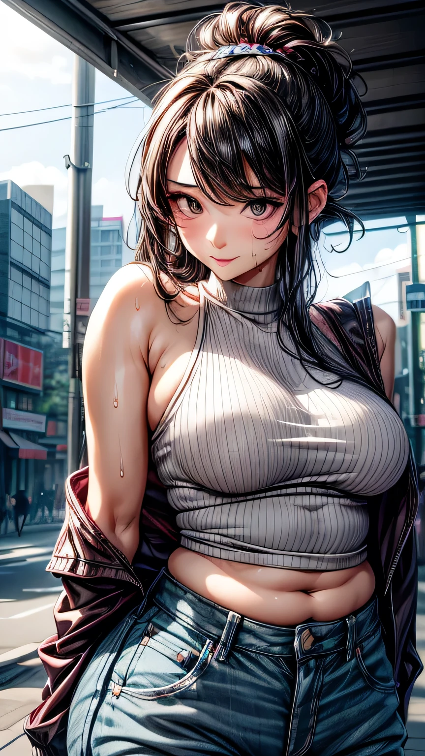 Attractive 25 year old woman, one person, (((so beautiful 25 year old woman))), cute、If you look at this、 Adult female, Curved body, Thick body, A voluptuous figure and especially large breasts, DD size breasts, Her body remains well-proportioned and attractive even in middle age., Detailed face、Detailed body、So cute face, Glossy Lips, Double eyelids on both eyes,Natural Face、Natural Makeup, Long eyelashes, Shiny and smooth hair、Perfect limbs, Perfect Anatomy, (Wet with sweat), sexly、smile、Dark black hair, Shoulder-length hair, Dark black hair in a Shoulder-length hairstyle, Black Eye, Hair tied up on top of her head, Mature face, so beautiful, loose tops, pants, Punk-style clothing, tracing, City Street. masterpiece, 最high quality, high quality, High resolution, ((Upper body portrait))、Upper body portrait,