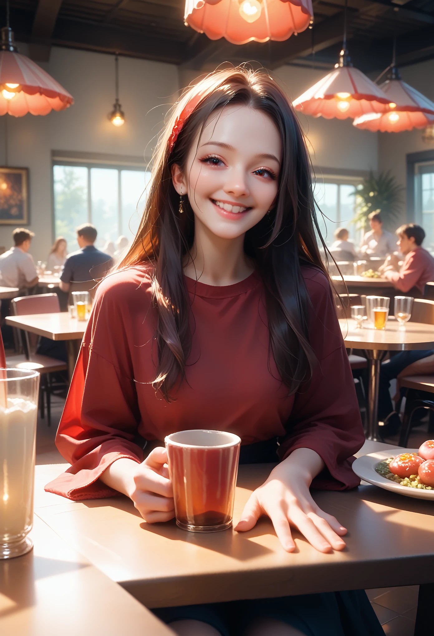 cinematic film still,score_9,score_8_up,score_7_up,masterpiece,best quality,8k,Girl 1,looks at the viewer,a little makeup, bright hair color, Two hair colors ( Red and Scarlet), hand tattoo, long hair, smiling, happy, Pleasant atmosphere, Background: Restaurant, Sitting at the Table Dining, Beautiful Dishes, Bright, Juicy Colors, Cutlery Lies on the Table, Pleasant atmosphere, Warm Light from the Lamps, Wooden Patterned Windows, Stylish restaurant, All by the Highest Quality, masterpiece, Full Detailing of the Details, Official Author's Art, dynamic shadows, Very Holistic Picture, All Details Are Visible, Full Detailing of the Painting, Pleasant lighting,