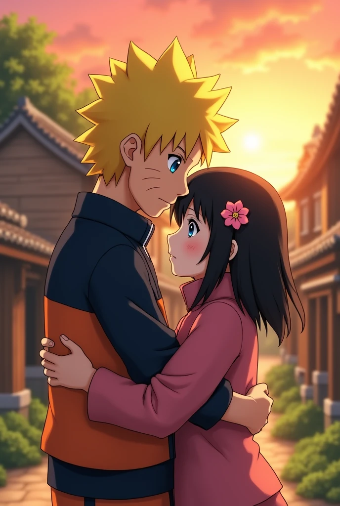 Naruto is hugging Sarada who is wearing a pink bar