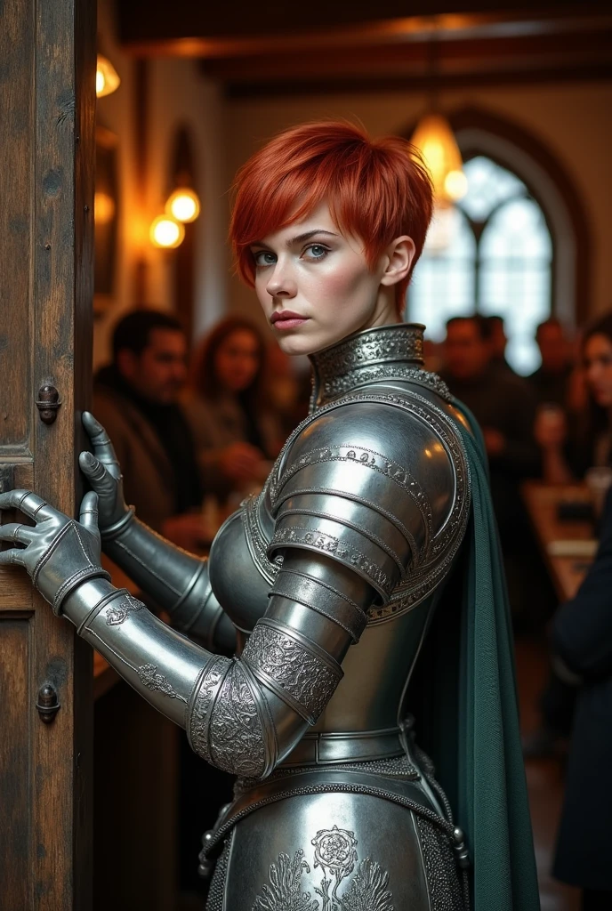 white skin woman, red-haired and with short hair wearing a silver armor opening the door of a bar