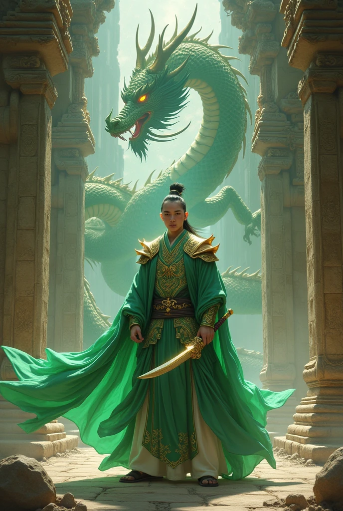 Guandi,Green Robe,armor,Holding the Green Dragon Moon Knife in his hand,Ancient Architecture Background,Mighty Dragon,