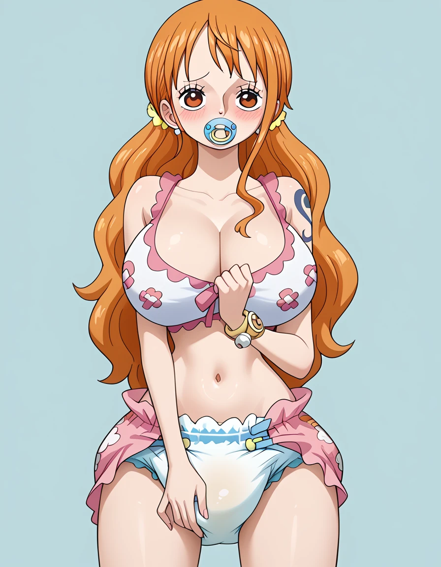 One Piece Nami,Wear a diaper,Semen splashed all over the body,Ahegao,Ecstasy face, blush, Embarrassing,Big Breasts,Baby clothes,Sucking a pacifier