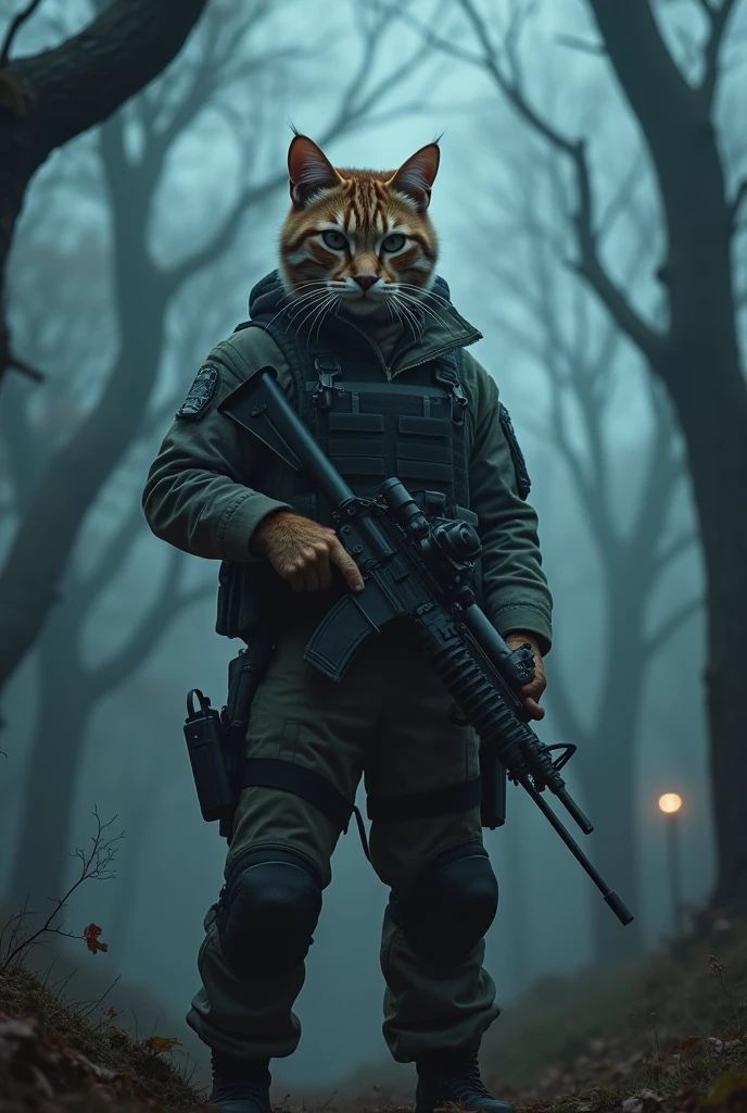 Cat person in a soldier uniform and vest ready for an epic battle with eerie background