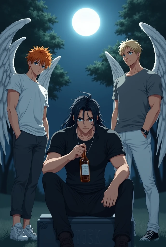 In the middle is a guy with long black hair, gray eyes, Beautiful face, beautiful body, black T-shirt, black trousers, crying, sits with a bottle of alcohol in a cemetery in front of a tombstone. There is a guy sitting on the right, blond, Beautiful, Pumped up body, in a gray shirt and white pants with large angel wings and brown eyes. On the left sits a guy with orange hair, in a white T-shirt and dark, and gray pants, Blue eyes, Large angel wings. anime art, masterpiece, realistically, super detail, Hand detailing, Detailing of faces