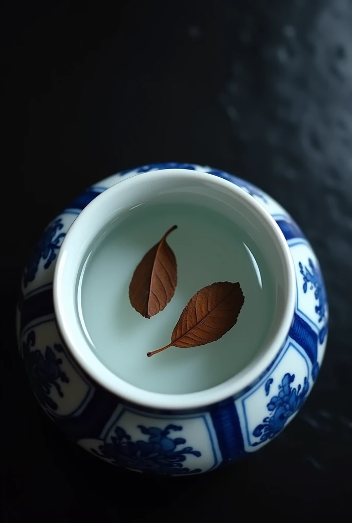 The camera looks down from directly above on a Chinese blue and white porcelain tea cup with a brown core and two leaves of Chinese high mountain tea at the bottom.，((Right beneath the surface, You can see a single bud and two leaves of Chinese high mountain dried tea, which has been dried and is now a rich brown color, floating in the water.)),simple，Movie Lighting，专业photography，Studio Lighting，Black desktop background，photography，Intricate details，Ultra Detail，Hyper-photorealism，8K Ultra HD （（Top-down view，Top view, bird's eye view））