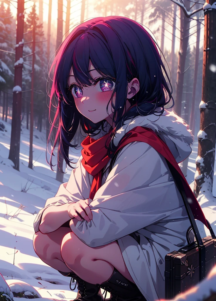 aihoshino, Ai Hoshino, Long Hair, bangs, (Purple eyes:1.1), Purple Hair, (Symbol-shaped pupil:1.5), smile,,smile,blush,white breath,
Open your mouth,snow,Ground bonfire, Outdoor, boots, snowing, From the side, wood, suitcase, Cape, Blurred, , forest, White handbag, nature, Squat, Mouth closed, Cape, winter, Written boundary depth, Black shoes, red Cape break looking at viewer, Upper Body, whole body, break Outdoor, forest, nature, break (masterpiece:1.2), Highest quality, High resolution, unity 8k wallpaper, (shape:0.8), (Beautiful and beautiful eyes:1.6), Highly detailed face, Perfect lighting, Extremely detailed CG, (Perfect hands, Perfect Anatomy),