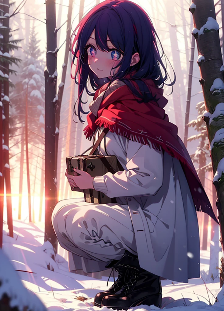 aihoshino, Ai Hoshino, Long Hair, bangs, (Purple eyes:1.1), Purple Hair, (Symbol-shaped pupil:1.5), smile,,smile,blush,white breath,
Open your mouth,snow,Ground bonfire, Outdoor, boots, snowing, From the side, wood, suitcase, Cape, Blurred, , forest, White handbag, nature,  Squat, Mouth closed, Cape, winter, Written boundary depth, Black shoes, red Cape break looking at viewer, Upper Body, whole body, break Outdoor, forest, nature, break (masterpiece:1.2), Highest quality, High resolution, unity 8k wallpaper, (shape:0.8), (Beautiful and beautiful eyes:1.6), Highly detailed face, Perfect lighting, Extremely detailed CG, (Perfect hands, Perfect Anatomy),