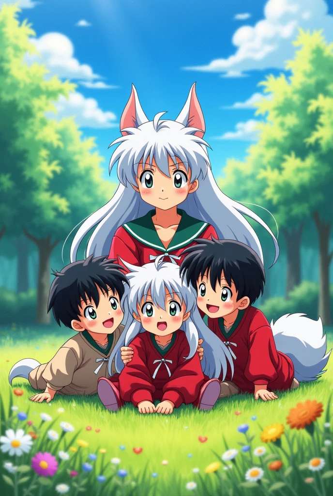 Inuyasha with 3 children who look just like him, their faces flushed with a smile. 