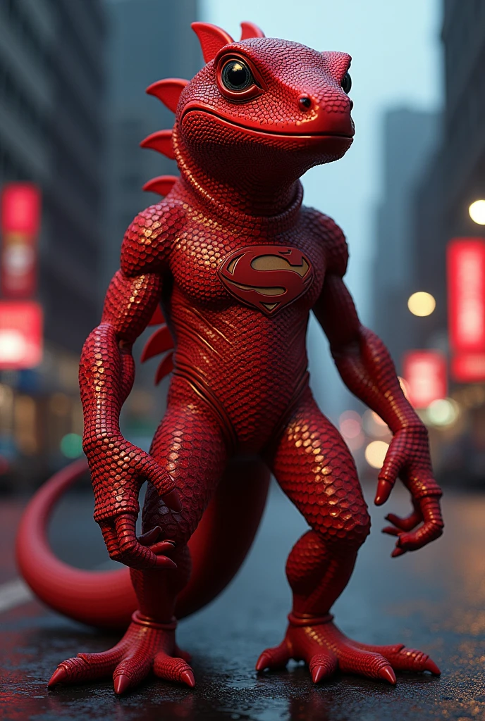 a man wearing a red costume,. Red met highly detailed, dynamic pose, high quality, photorealistic, intricate costume design. Detail costume. Honeycomb design, musculature, strong lighting,lizard hero cinematic angle, dramatic shadows, vibrant colors, comic book style. Circle logo on chest." C" logo on chest.. .""