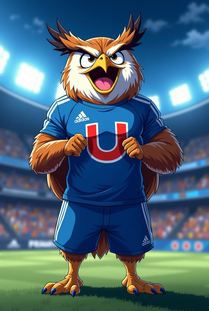 Owl, body, Love, muscular, blue soccer jersey, a red U with a white border on the upper left side, white Adidas logo on the upper right side, blue shorts and small Adidas logo on the bottom, Crossed arms, shouting a goal, dragon ball anime style