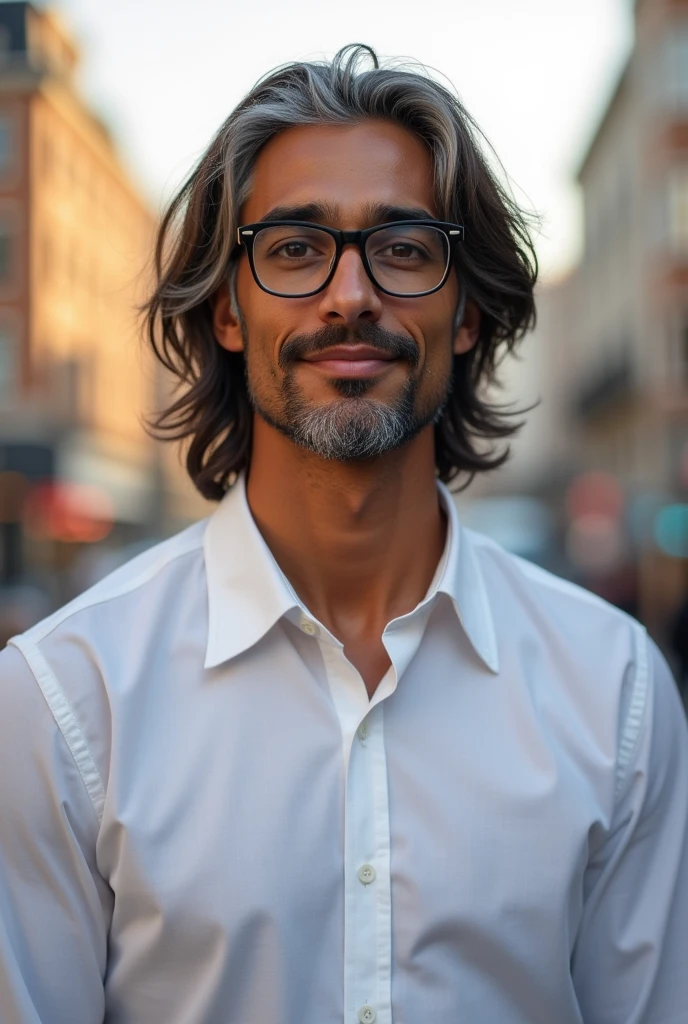 A 35 year old six feet tall brown skin man with healthy body with long hair wuth few grey hair strands wearing glasses wearing a white shirt