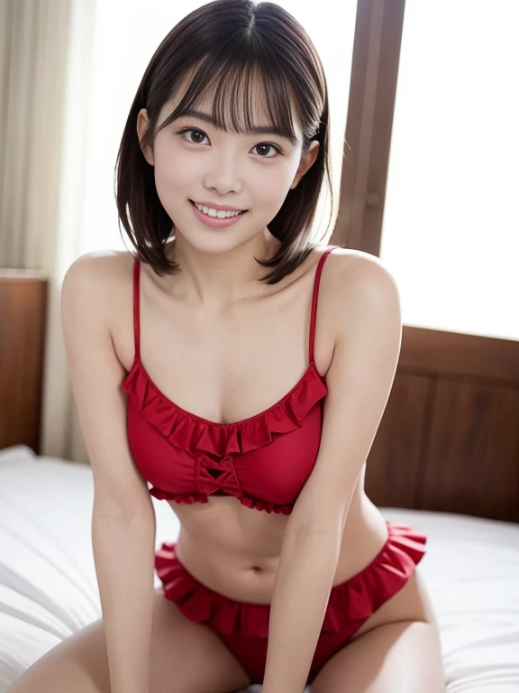 photo realistic, best quality, masterpiece, photo of over the knees, a Japanese pretty girl, pretty face, symmetrical eyes, eye contact, smile, petit, flat chest, swimsuit with frills, on the bed, dynamic posing, dynamic angle, 