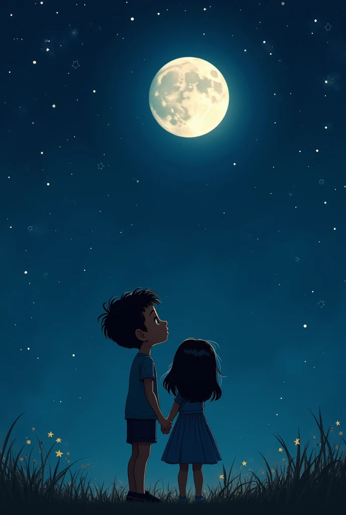 generate an image for a PDF, about a moon and the starry sky that a boy with short, tight, curly hair is looking at, and that this hairstyle and not much volume in his hair, and a girl with shoulder-length hair, Let them be embraced. You can make the same image but move the kids a little further away, that they look smaller 