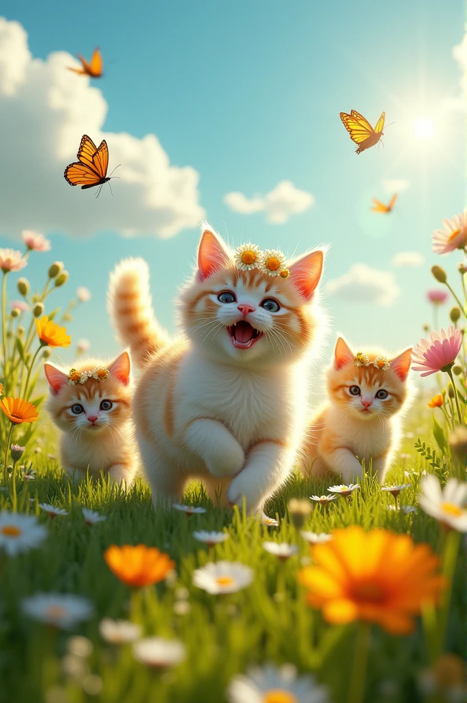 A fairytale cat with kittens playing in the meadow. 