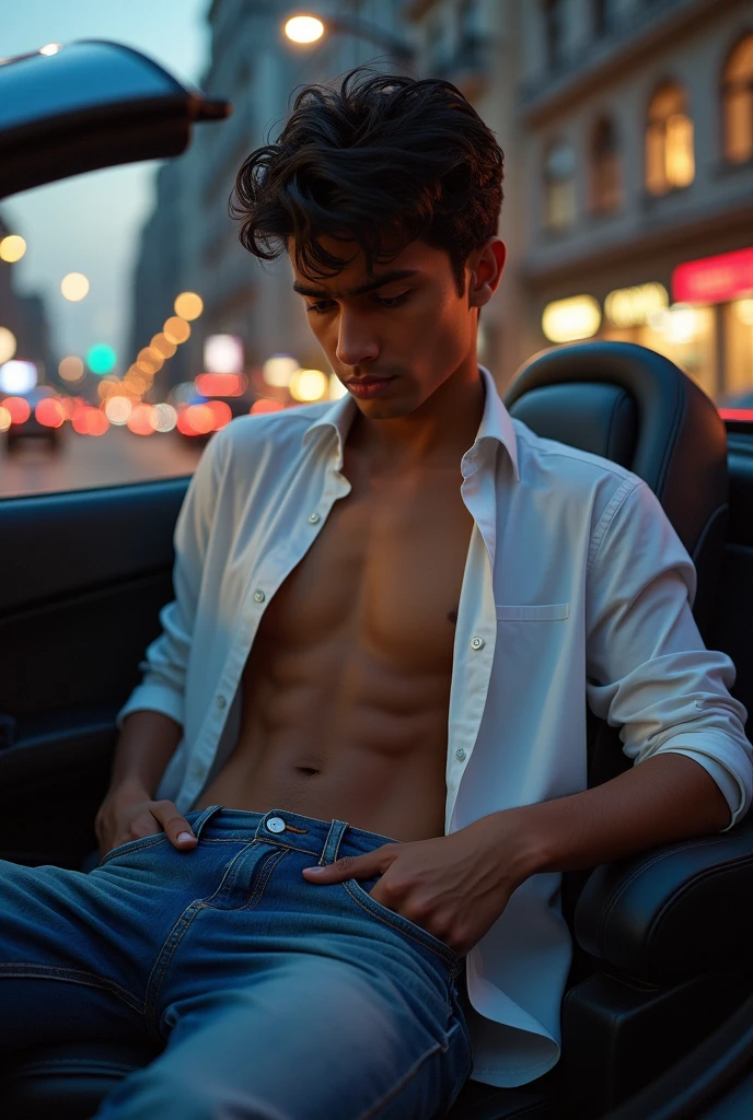 (masterpiece), best quality, expressive eyes, perfect face, 3d Hyper relalistic, indian 20 year old slim skinny boy, with clean shave, short hairs, sitting in car, (with his shirt unbuttoned, low laying jeans unbuttoned), (looking at his own chest keeping his hands on his waist), (guy have  hairs and a prominent visible belly hair trail) (side view) (show unbuttoned full sleeves shirt)