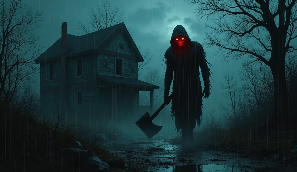 dark techno,cyberpunk, Scene 5: Inevitable fear
A terrifying figure appeared from the darkness, He had burns on his face、A man with eyes that emitted red light. A man approached, With a large, blood-soaked axe. They tried to escape, but、They were caught one by one. Farah's screams were the last to be heard before the old house fell silent again, Leaving only the heavy rain that continued to fall.
(Farah, Sisca is a woman and Lian, Andy is male)