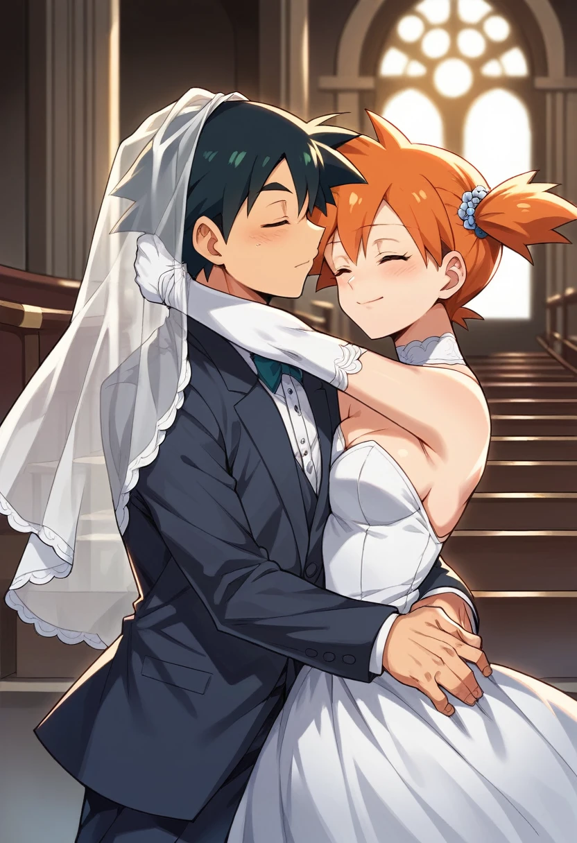 1boy, black hair, brown eyes, hair between eyes, ash ketchum, groom, suit, handsome boy, macho, good looking boy 1girl, misty pokemon, orange hair, hair down, green eyes, bride, pretty, beautiful girl photograph of a 18 years old couple, on their wedding, on a church, they're showing off their love and affection for each other, they're caressing, they're hugging, embrace, closed eyes