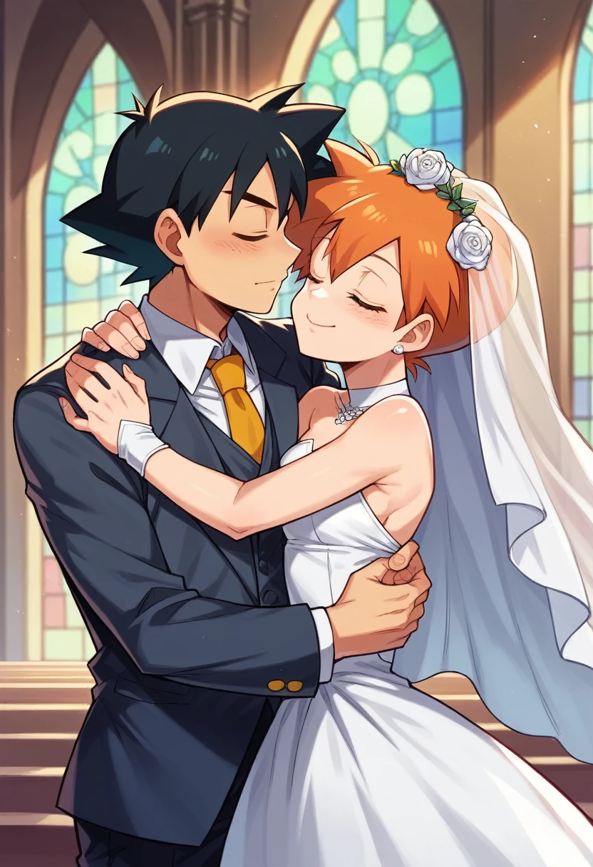 1boy, black hair, brown eyes, hair between eyes, ash ketchum, groom, suit, handsome boy, macho, good looking boy 1girl, misty pokemon, orange hair, hair down, green eyes, bride, pretty, beautiful girl photograph of a 18 years old couple, on their wedding, on a church, they're showing off their love and affection for each other, they're caressing, they're hugging, embrace, closed eyes 