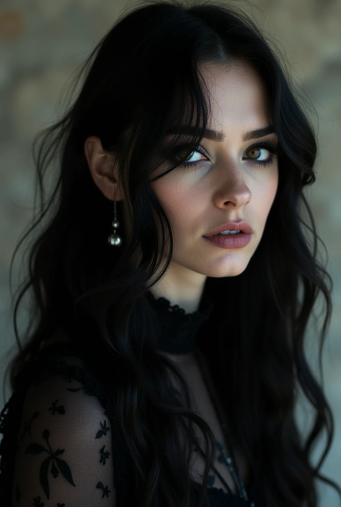 woman with long hair and earrings posing for a picture, inspired by Kati Horna, wearing goth makeup, with haunted eyes and dark hair, gothic horror vibes, morticia addams, goth woman, profile image, inspired by Grethe Jürgens, inspired by Dorothy Lockwood, with bewitching eyes, inspired by Chica Macnab