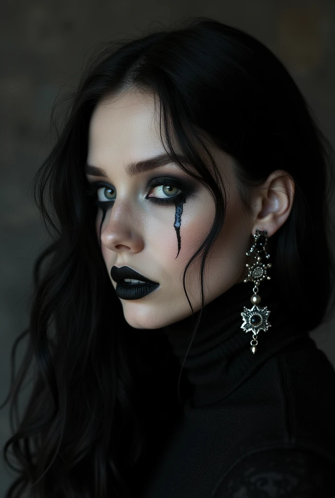  woman with long hair and earrings posing for a picture, inspired by Kati Horna, wearing goth makeup, with haunted eyes and dark hair, gothic horror vibes, morticia addams, goth woman, profile image, inspired by Grethe Jürgens, inspired by Dorothy Lockwood, with bewitching eyes, inspired by Chica Macnab