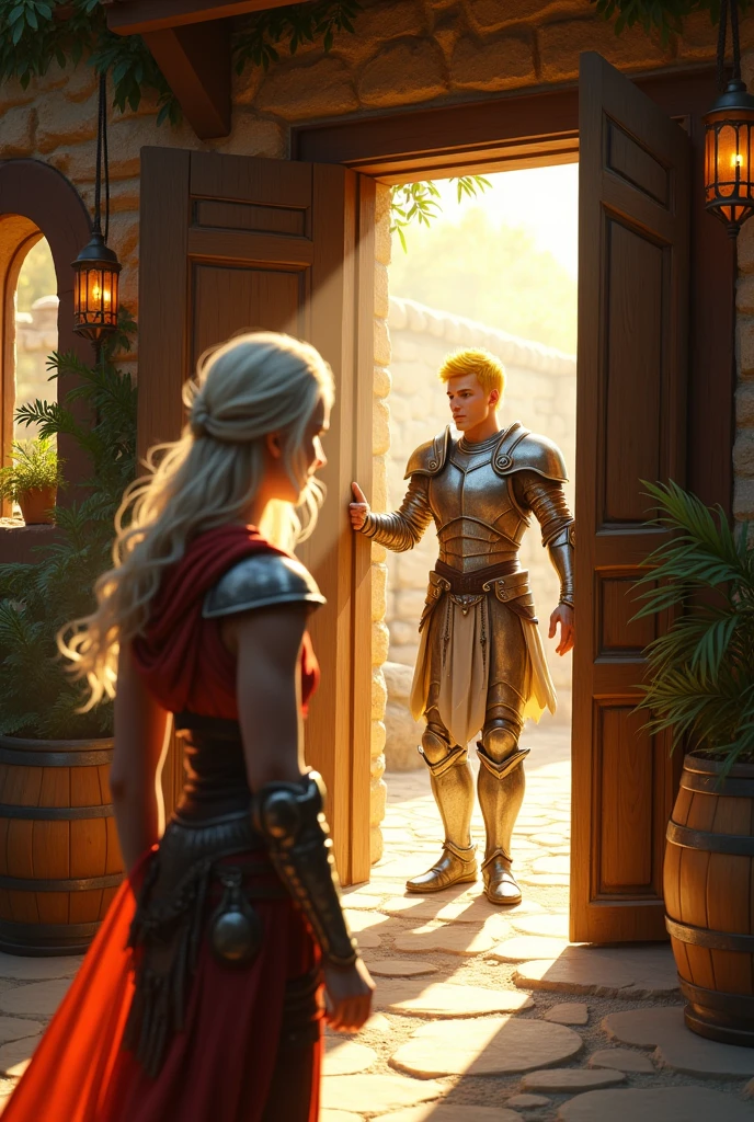 white skin woman, a yellow-haired, short-haired man in silver armor opening the door of a bar with the sun at his back

