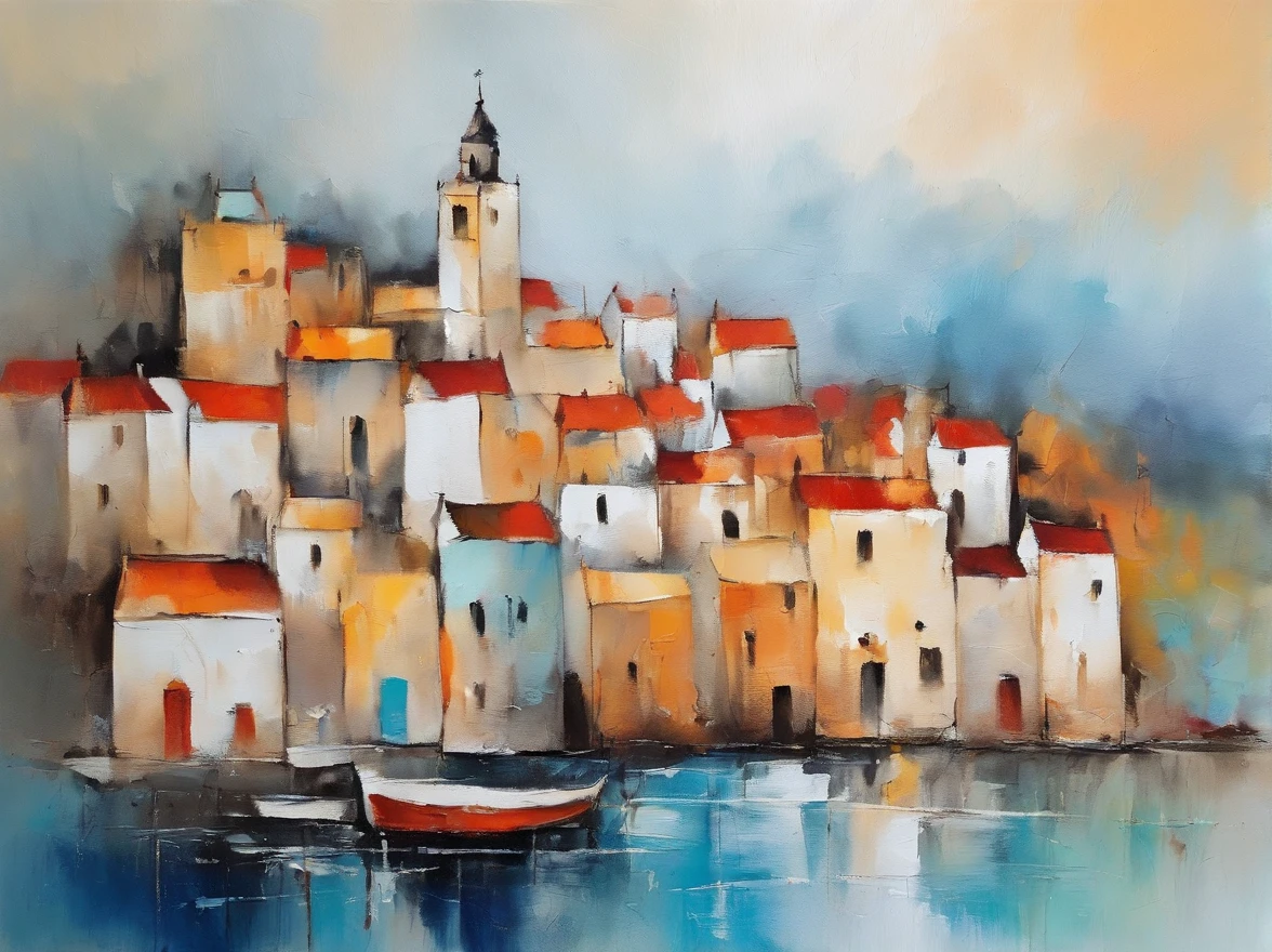 Little town by the sea, ink painting, minimalism, abstract painting, pastel colors