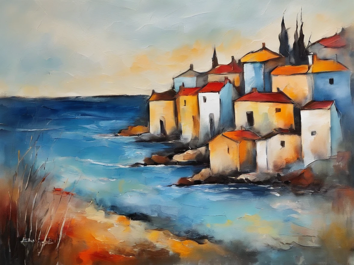 Little town by the sea, ink painting, minimalism, abstract painting, pastel colors