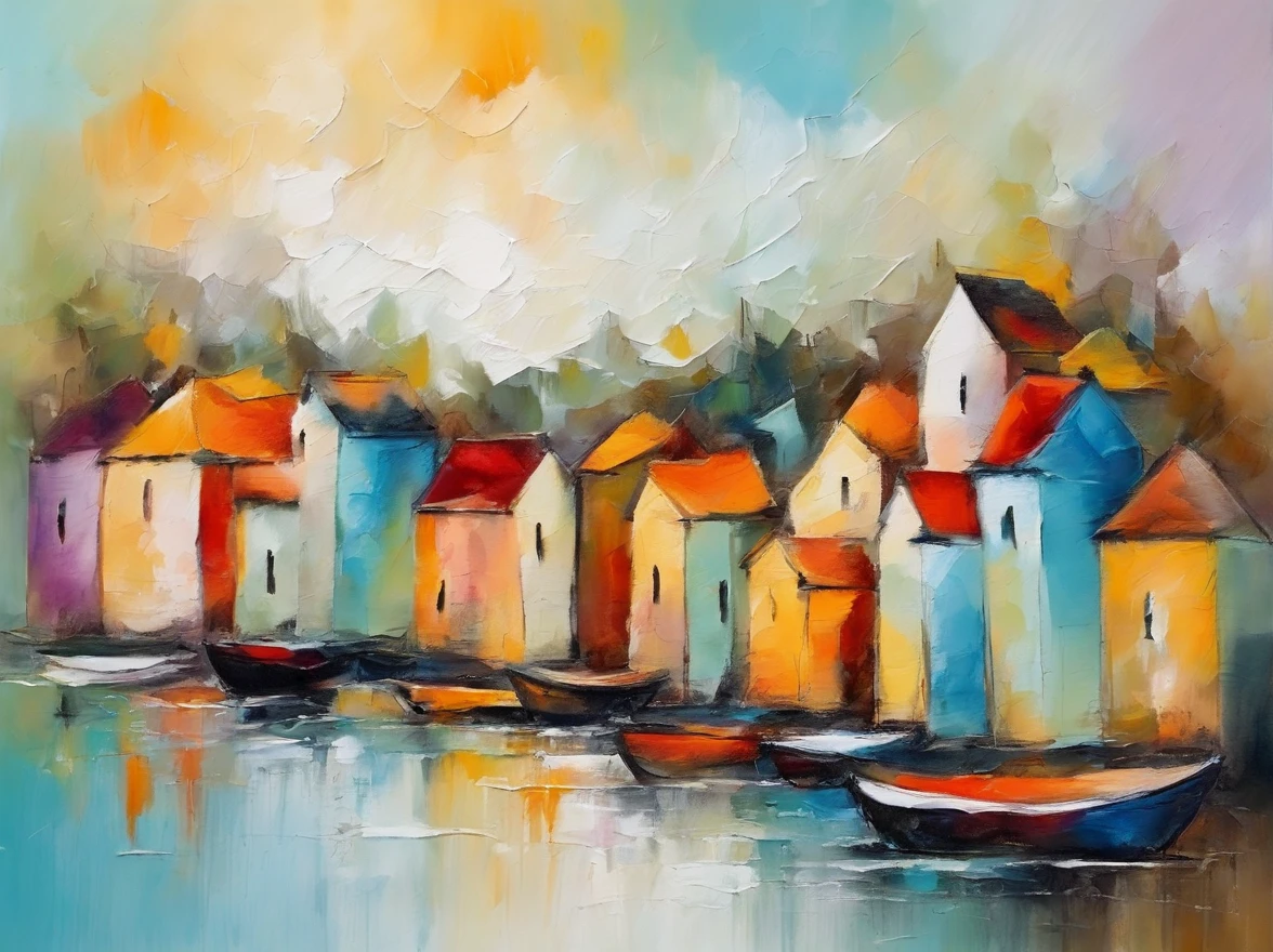 Little town by the sea, ink painting, minimalism, abstract painting, pastel colors
