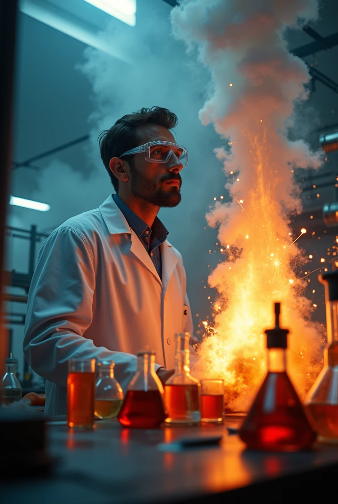 (best quality,4k,8k,highres,masterpiece:1.2),ultra-detailed,(realistic,photorealistic,photo-realistic:1.37),chemistry laboratory,chemical equipment,explosion,smoke,flames,laboratory equipment,bubbling beakers,safety goggles,experiment,scientist,physics,scientific breakthrough,dramatic lighting,cinematic composition,moody atmosphere