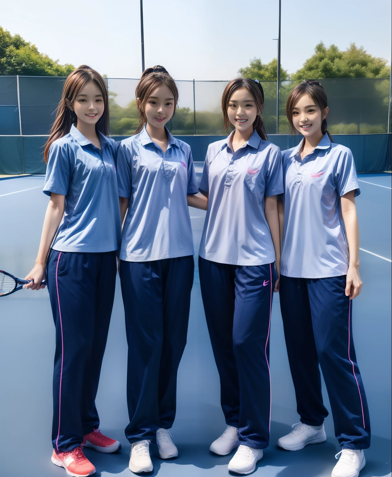 3 girls play tennis at tennis courts, Navy blue short-sleeved shirt,Navy Long Trackpant,Sweatpants, Sweatpantsขายาว,25 year old girl, lesbian, sexy, exercise clothes, wet body, exercise clothes