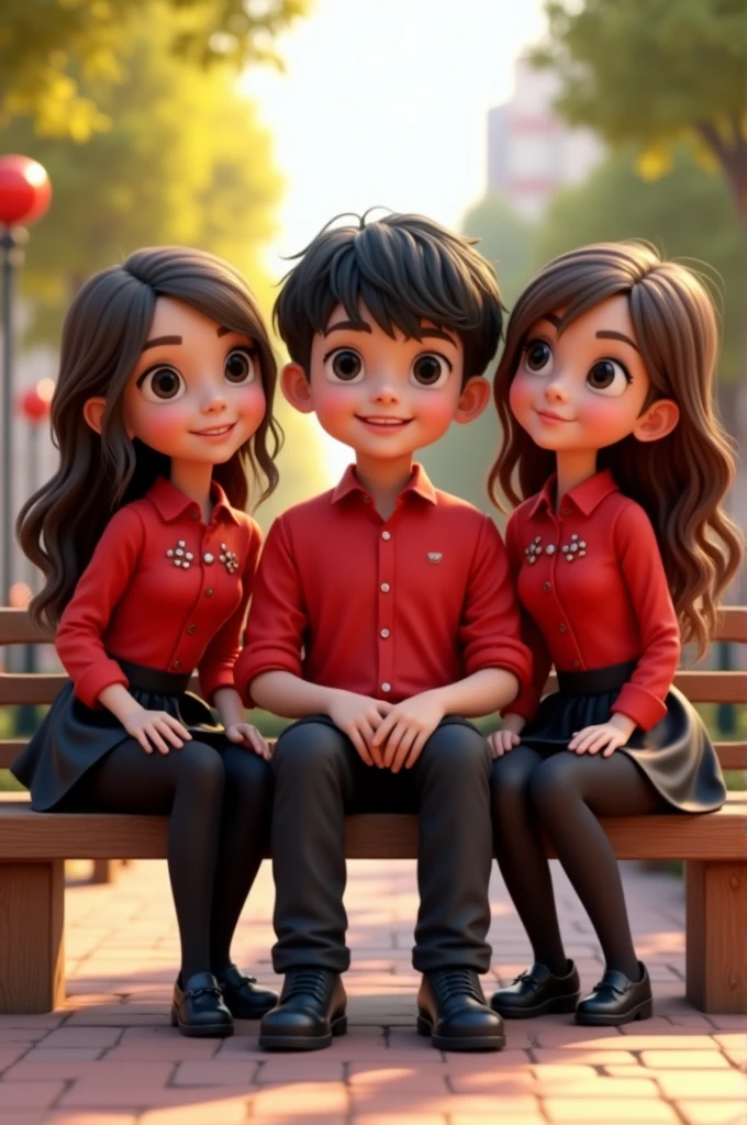The scene features two girls and one boy. The boy has short black hair, wears a red shirt and black pants, and has black eyes. He is sitting. One girl has long, wavy hair, wears a red shirt, black skirt, and black tights. The other girl has short brown hair, black eyes, wears a red shirt and black pants. All characters are in 3D.