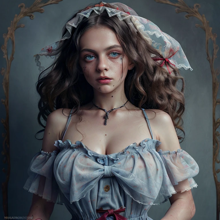 (finely detailed beautiful eyes and detailed zombie face,masterpiece sidelighting,masterpiece,best quality,detailed,high resolution illustration),, (depraved topless zombie girl,whole body,sundress,lustrous skin,looking down,looking at viewer),, (blood hair,blue eyes,ribbon, sheer clothes), (clothed_underbust:1.2),underboob