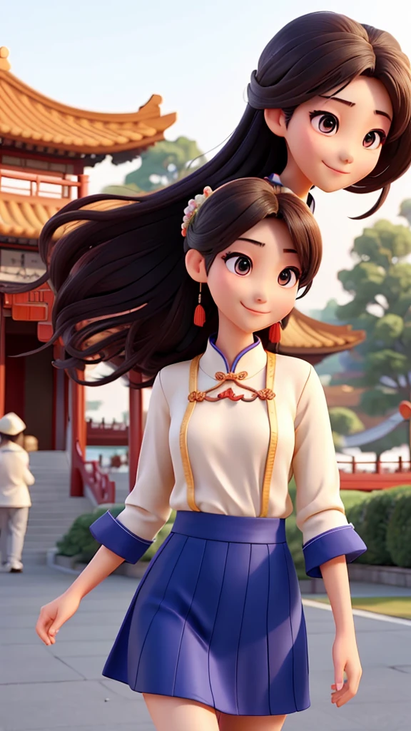 Beautiful Chinese model filming a commercial, smiling, hair blowing in the wind
