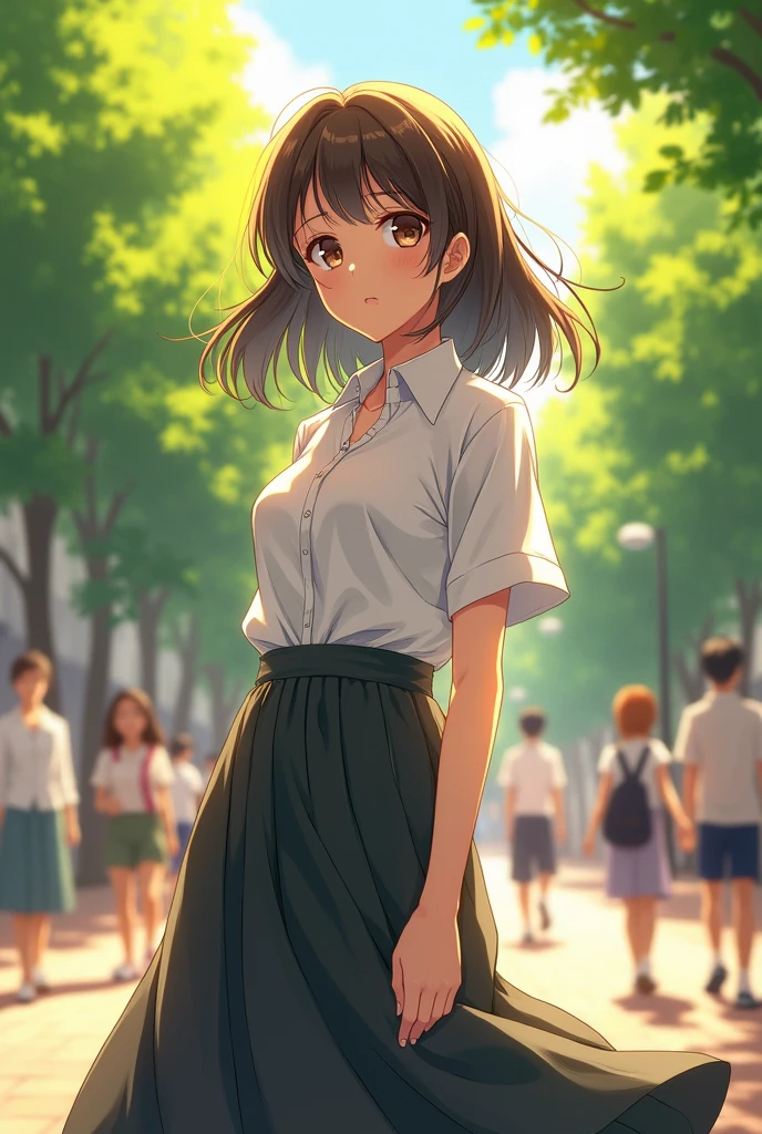 A college girl, medium complexion, long skirt and button-up shirt, medium length manga style hair 