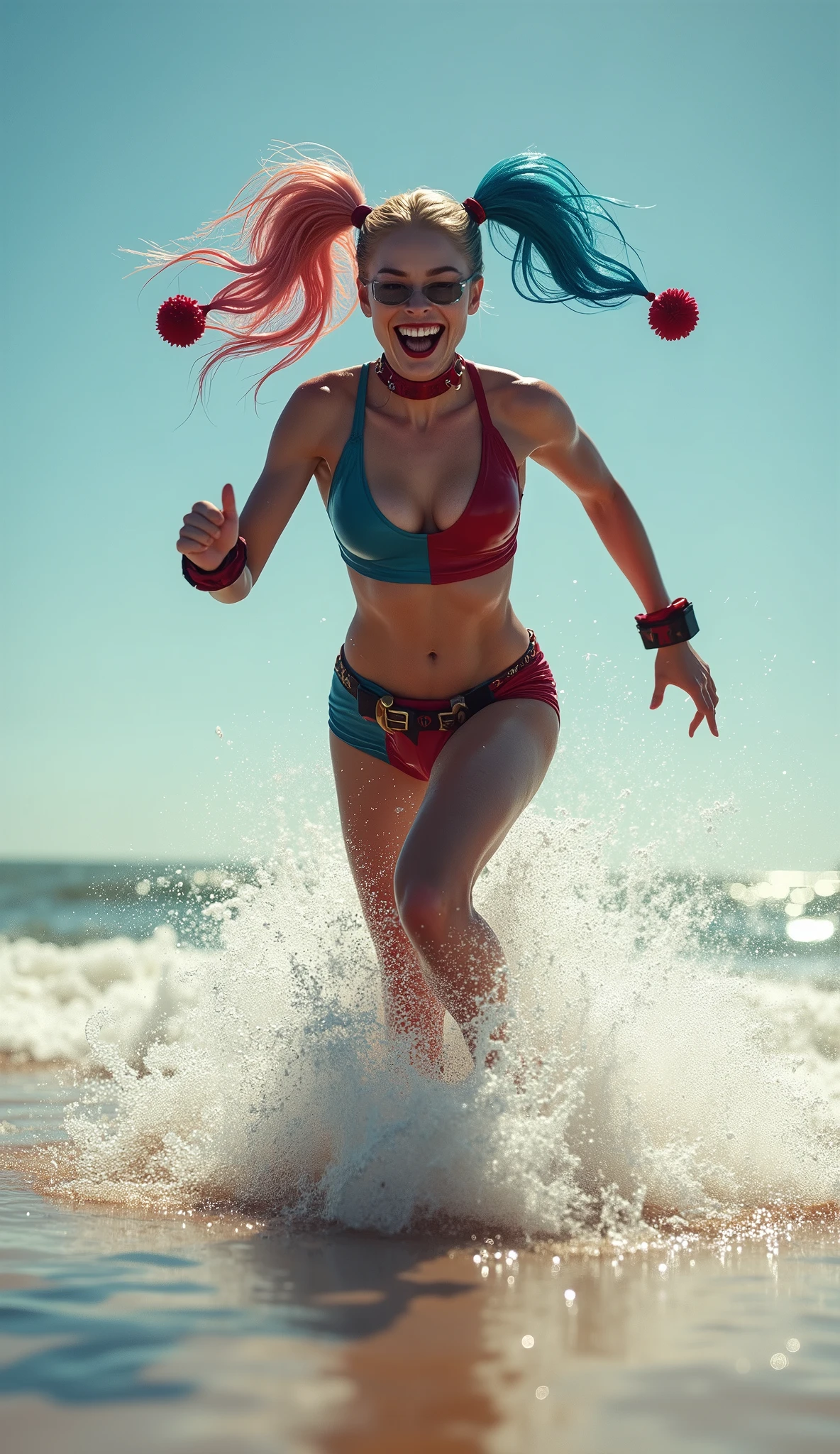 Low angle shot, visually shocking image, , Harley Quinn with HAPPY face, running at the beach the beach, breath taking, wet effect, splash water, beach background, dynamic pose, unreal engine 5, full colors, hyper realistic-- bright lighting, photorealistic rendering, advertising photograph look and feel. Super High ultra resolution, hyper photorealistic, 255K, super hyper, Sony A7S Ill, f/ 9.0, 1/400. sharp-focus, megapixel.