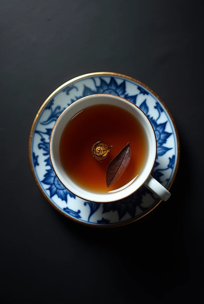 The camera looks down from directly above, capturing a Chinese blue and white porcelain teacup filled with a coffee-colored infusion of one bud and two leaves of Chinese high mountain tea.，((Right beneath the surface, You can see a single bud and two leaves of Chinese high mountain dried tea, which has been dried and is now a rich brown color, floating in the water.)),simple，Movie Lighting，专业photography，Studio Lighting，Black desktop background，photography，Intricate details，Ultra Detail，Hyper-photorealism，8K Ultra HD （（Top-down view，Top view, bird's eye view））