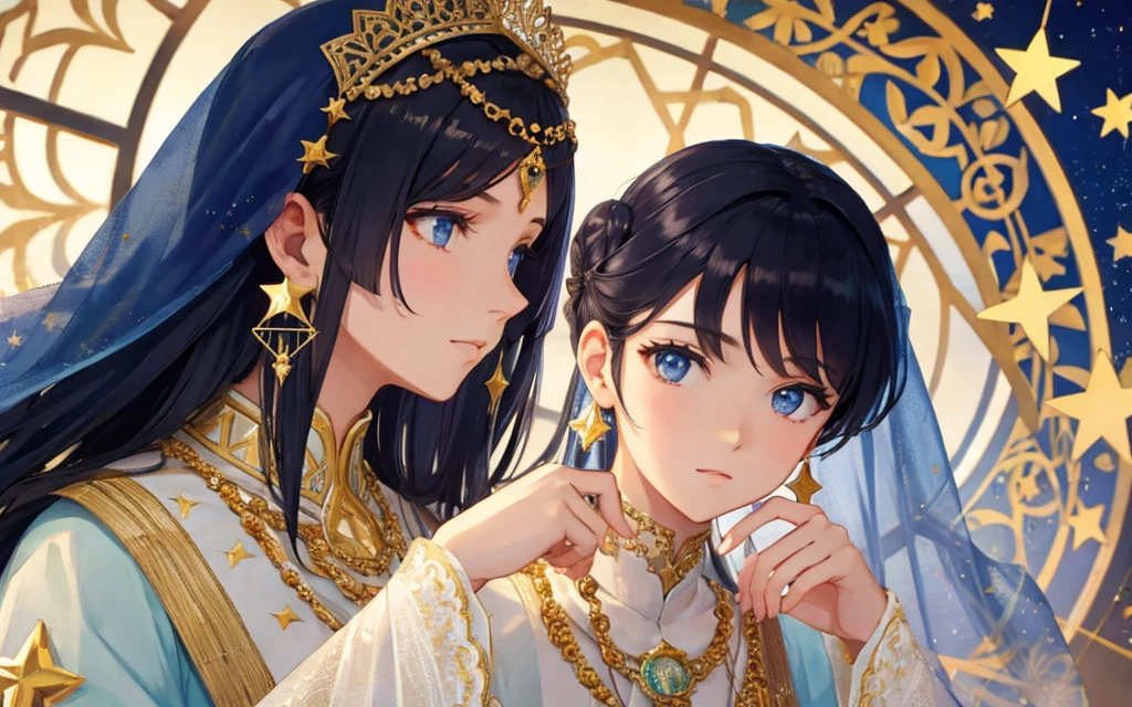 1 person, (masterpiece, Highest quality, Highest quality, beautifully、aesthetic: 1.2), (1 person: 1.3), A lot of gems, Delicate clothing, Square picture frame, ((face)), Sharp pupils, cool face, Arab traditional clothing, Color Hair Styles, Very detailed, Soft Light, Gentle colors, alone, Hair Bun, dynamic, (((geometric star patterns in the background))), face, Alphonse Mucha